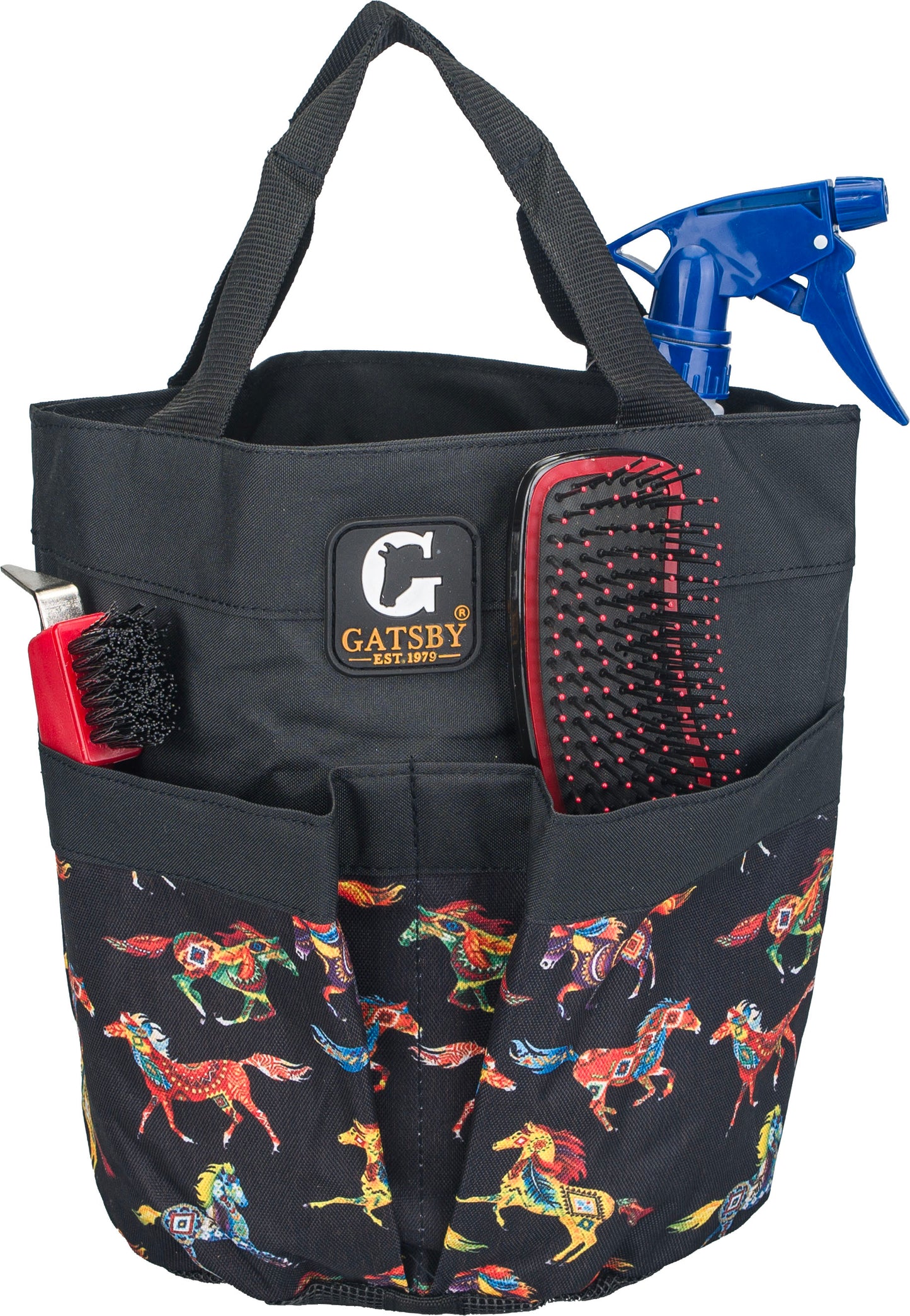 Gatsby Nylon Stable Tote Mesh Bottom - Black w/ Multicolor Horses