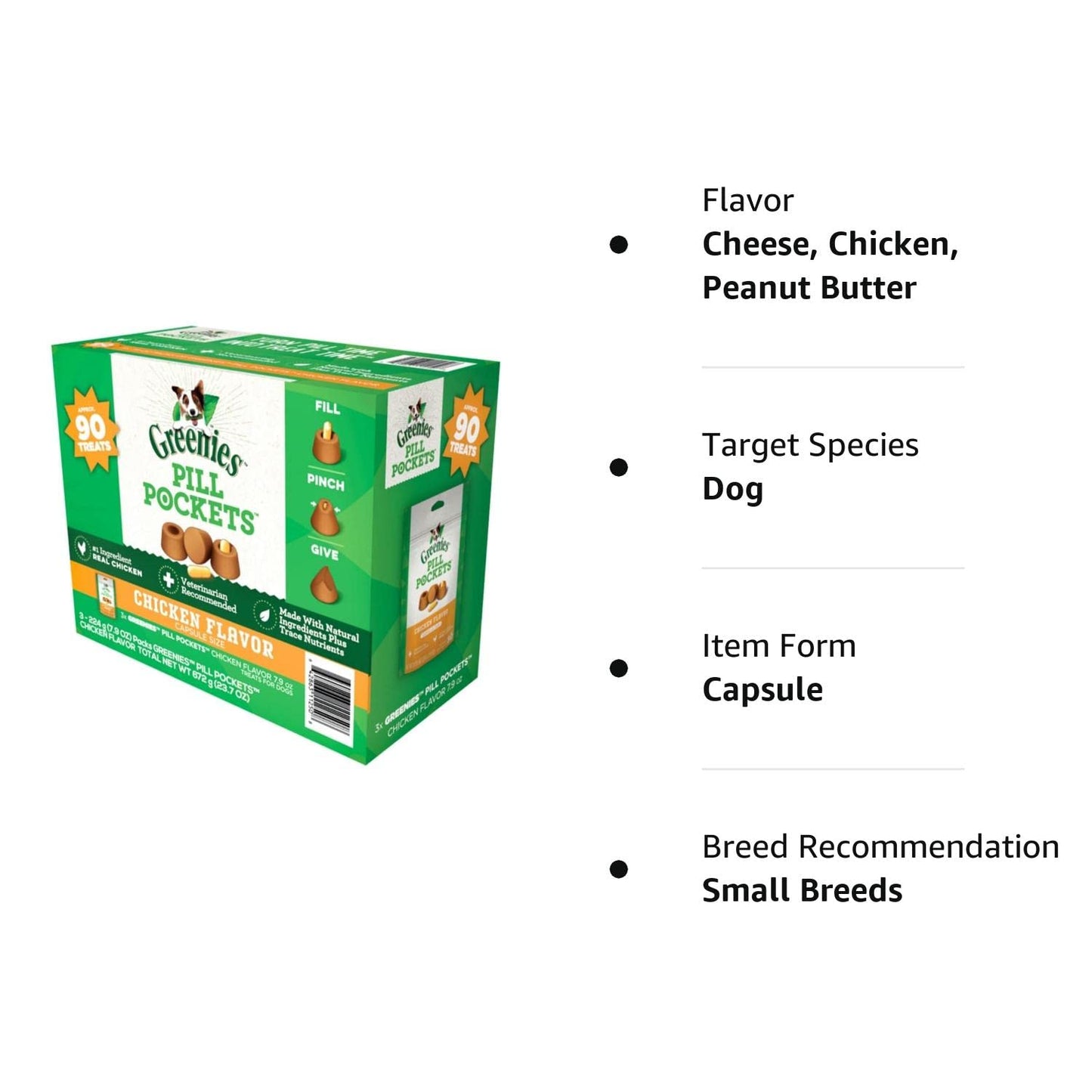 Greenies Chicken Flavor Capsule Size Pill Pockets Treats for Dogs 3 /7.9 Oz N...
