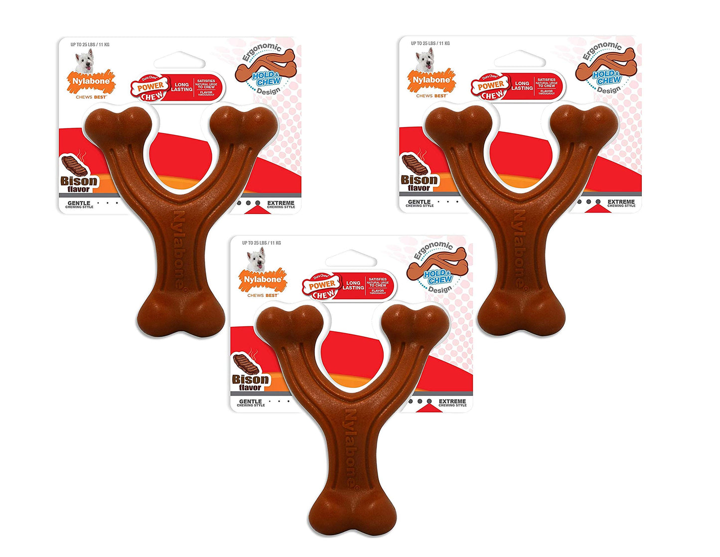 Nylabone 3 Pack of Power Chew Wishbone Chew Dog Toys, Regular, Bison Flavor