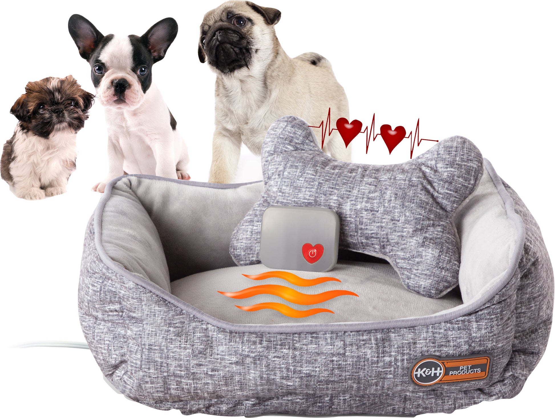Mother'S Heartbeat Puppy Heated Bed & Bone Pillow